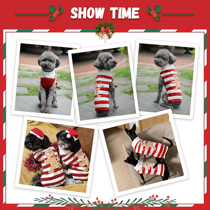 Dog Christmas Sweater Xmas Pet Clothes Cute Striped Gingerbread Man Costume Holiday Puppy Cat Jumpers Outfits New Year Gifts for Small Medium Large Dogs(Red Gingerbread Man,XS)