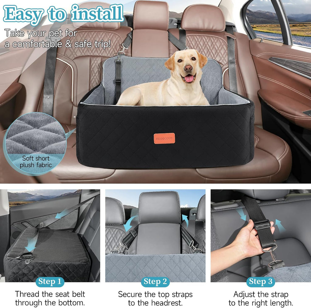 HEGGCOOE Dog Car Seat for Medium/Large Dogs, Pet Booster Seat for Up to 55 lbs or 2 Small Dogs, Detachable & Washable Dog Car Bed for Backseat with 2 Safety Leashes (Black/Grey)