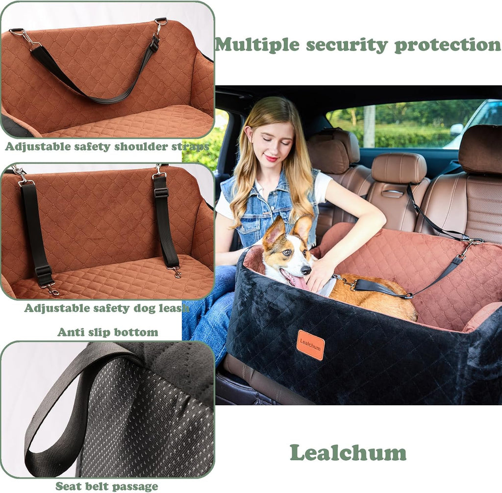 Lealchum Dog Car Seat Up to 55lb,2 Clip-On Safety Adjustable Leashs Car Dog Bed for 2 Small Dogs,Fully Detachable and Washable Pet Car Seat with 2 Storage Pockets,Easy to Install(Black/Grey, Large)