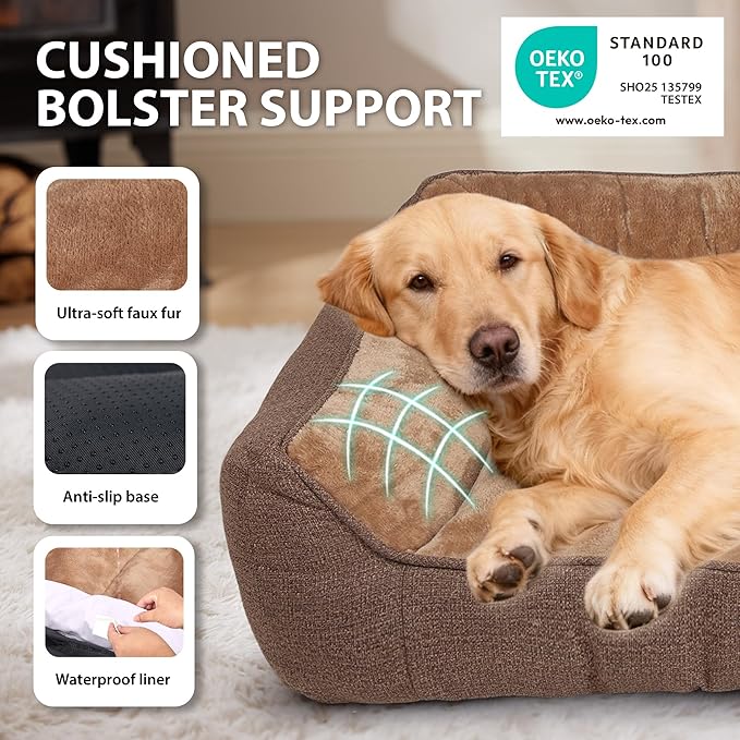 Orthopedic Dog Bed for Large Dogs - Extra Thick Supportive Dog Couch Bed, Pet Beds Sofa with Waterproof Washable Cover & Non-Slip Bottom, Brown, 38x28 Inch