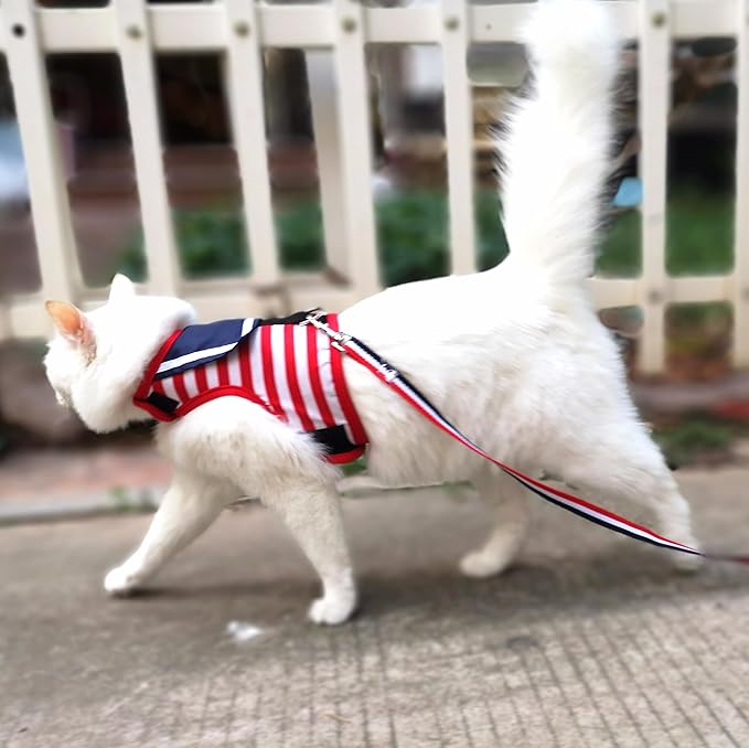 Cat Harness and Leash for Walking Escape Proof, Adjustable Cat Vest Harness, Padded Stylish Cat Walking Jackets, Sailor Suit Red, Small