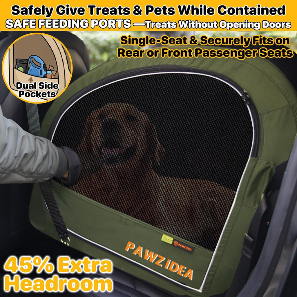 PAWZIDEA Portable Dog Crate for Car Travel, Medium & Large Dogs Up to 80lbs | Soft-Sided Dog Car Kennel for Backseat, Secures Seatbelt & Headrest Strap, Collapsible Enclosed Car Seat Carrier, Chew-Proof