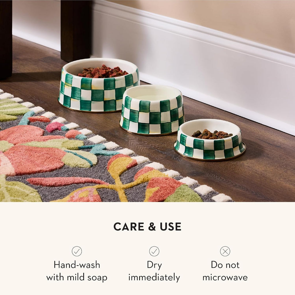 MACKENZIE-CHILDS Enamel Pet Dish, Large, Green-and-White Emerald Check | Hand-painted design, made from enameled steel, decorative cat and dog bowl for food and water, 40-ounce capacity