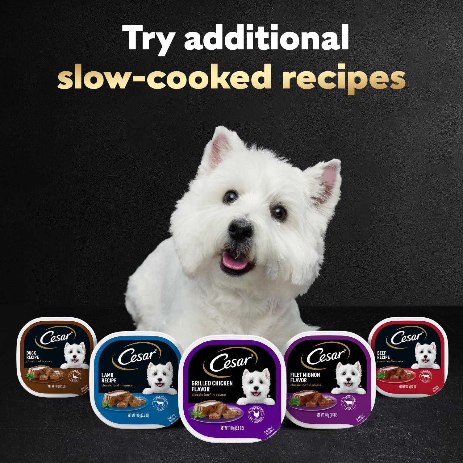 Cesar Classic Loaf in Sauce Wet Dog Food, Variety Pack, 3.5 oz, 60 Count | Made in USA, No fillers or artificial flavors, slow-cooked juicy texture, works as a meal or food topper, easy peel trays