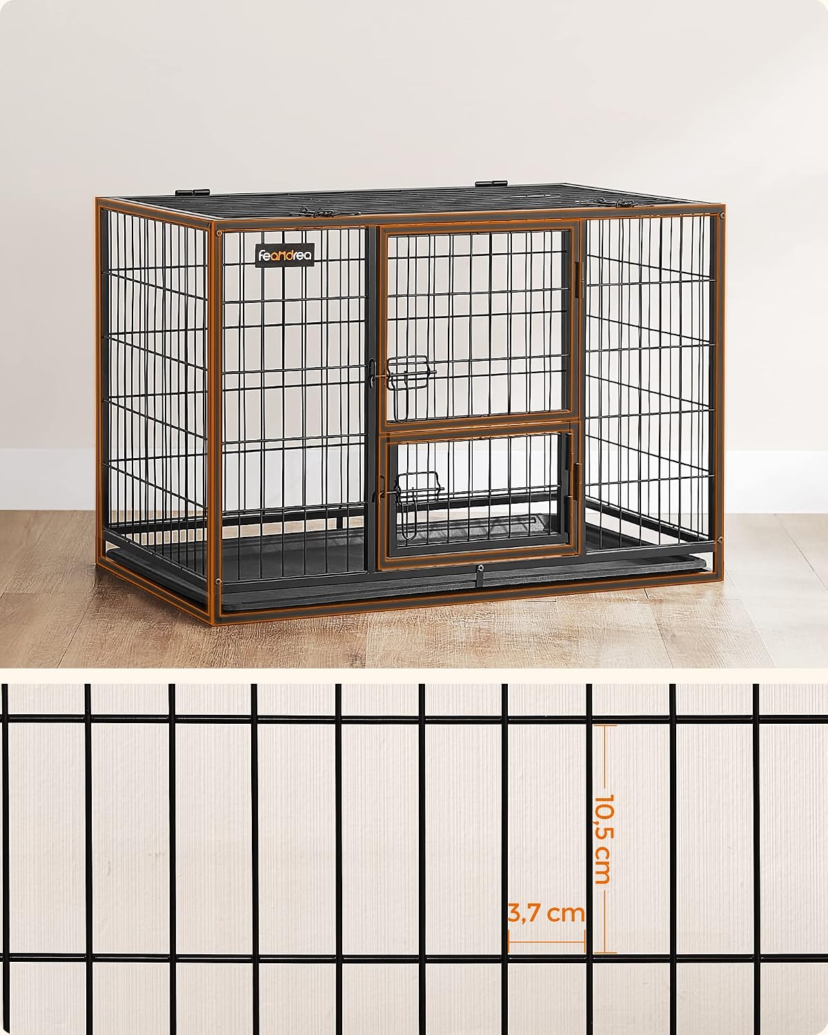 Feandrea Heavy-Duty Dog Crate, Dog Cage, 92.5 x 57.5 x 64 cm, for Small and Medium Dogs, Anti-Escape, Double Removable Door, Easy Cleaning, Pet Cage, L, Black PPD002B01