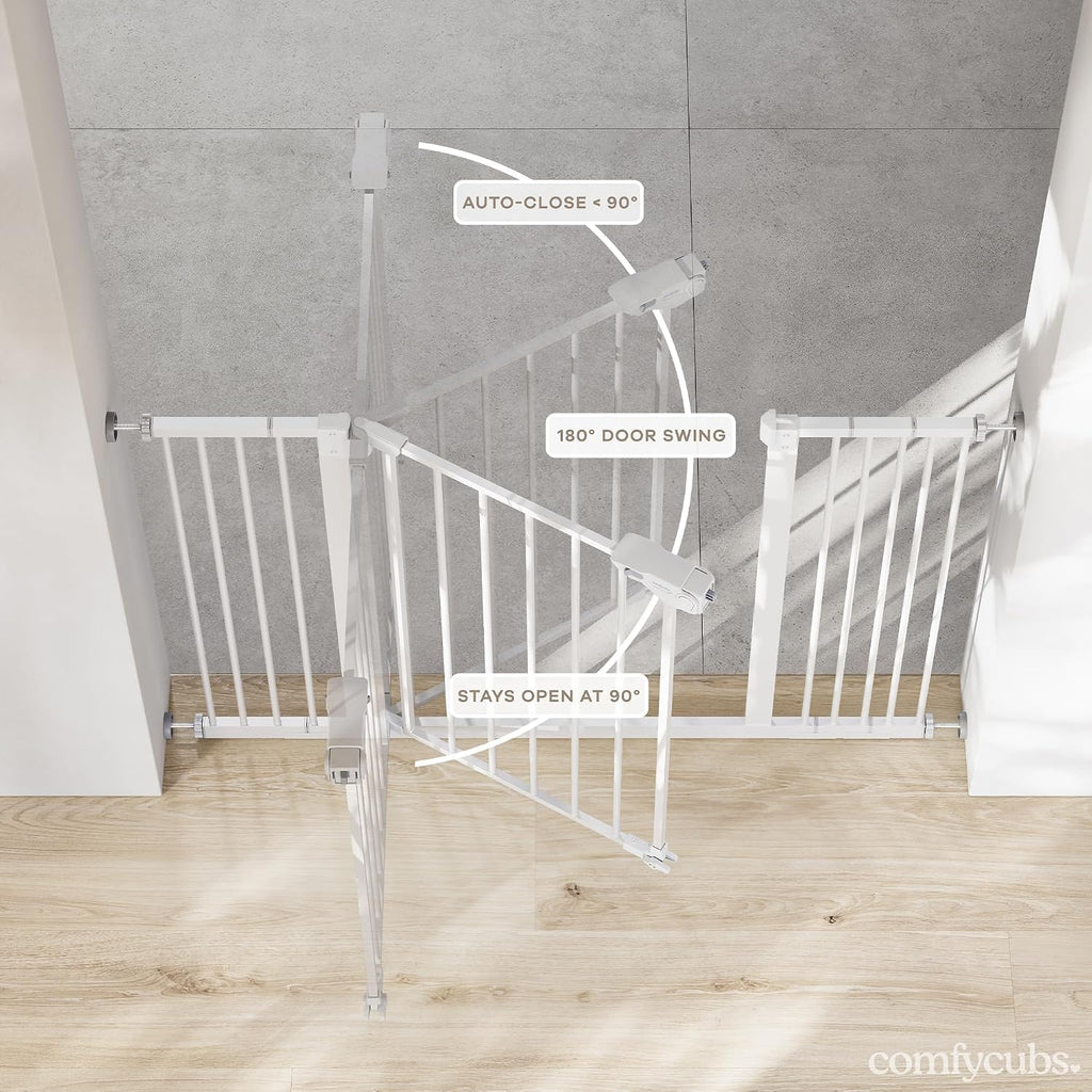 Comfy Cubs Baby Safety Gate with 3 Extensions - Adjustable 42" x 1.9" x 30" Q195 Steel Doorway Barrier - Powder-Coated Finish for Stairs and Doorways - Walk-Through Design Pet Gate - White