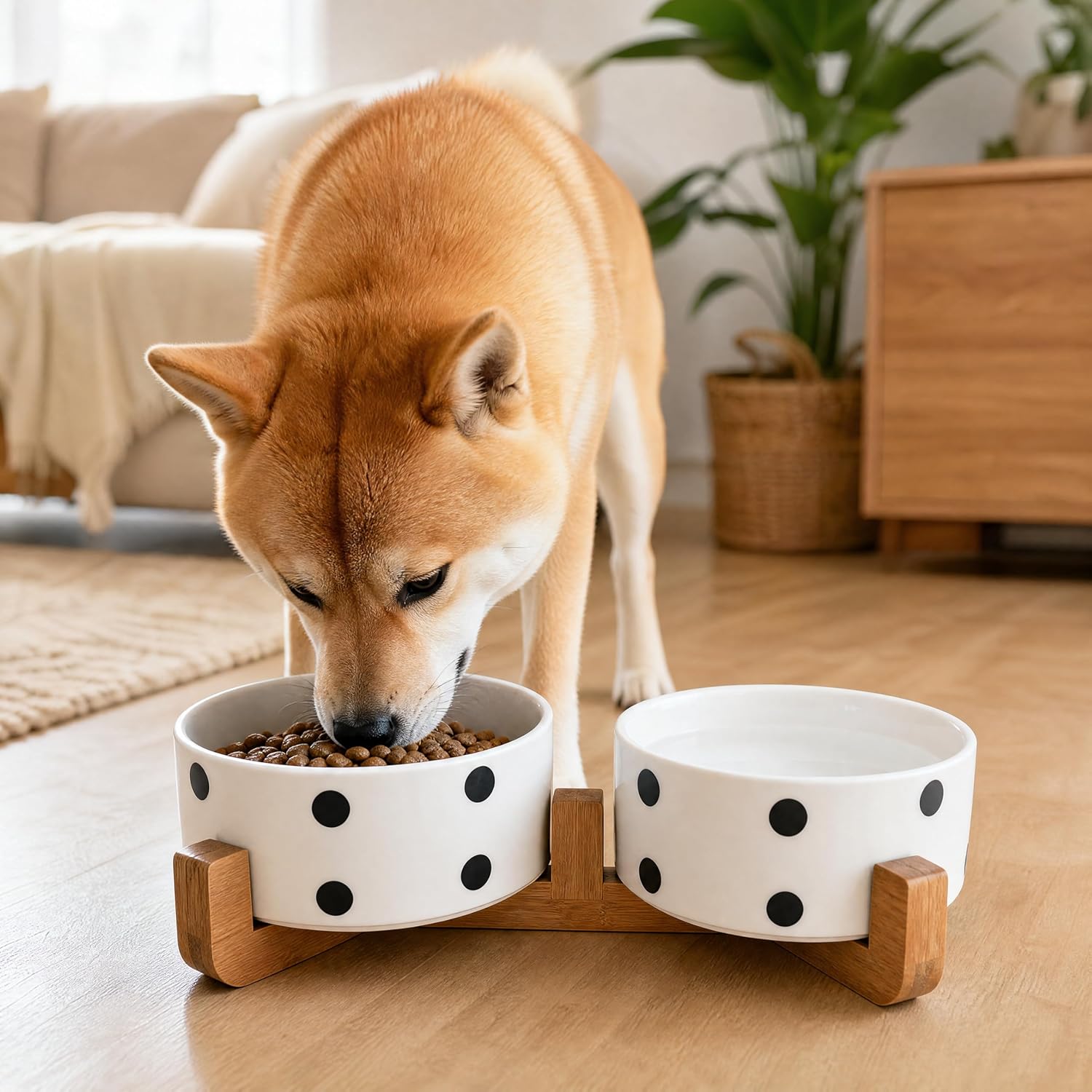 Petygooing Ceramic Dog Bowl Set with Stand,Cat Pet Food and Water Dishes,Small Dog Bowls Anti -Slip Set of 2 Cat Bowls Pet Food Dish Small Size Pet (13.5OZ/5.1 in) Black Dot