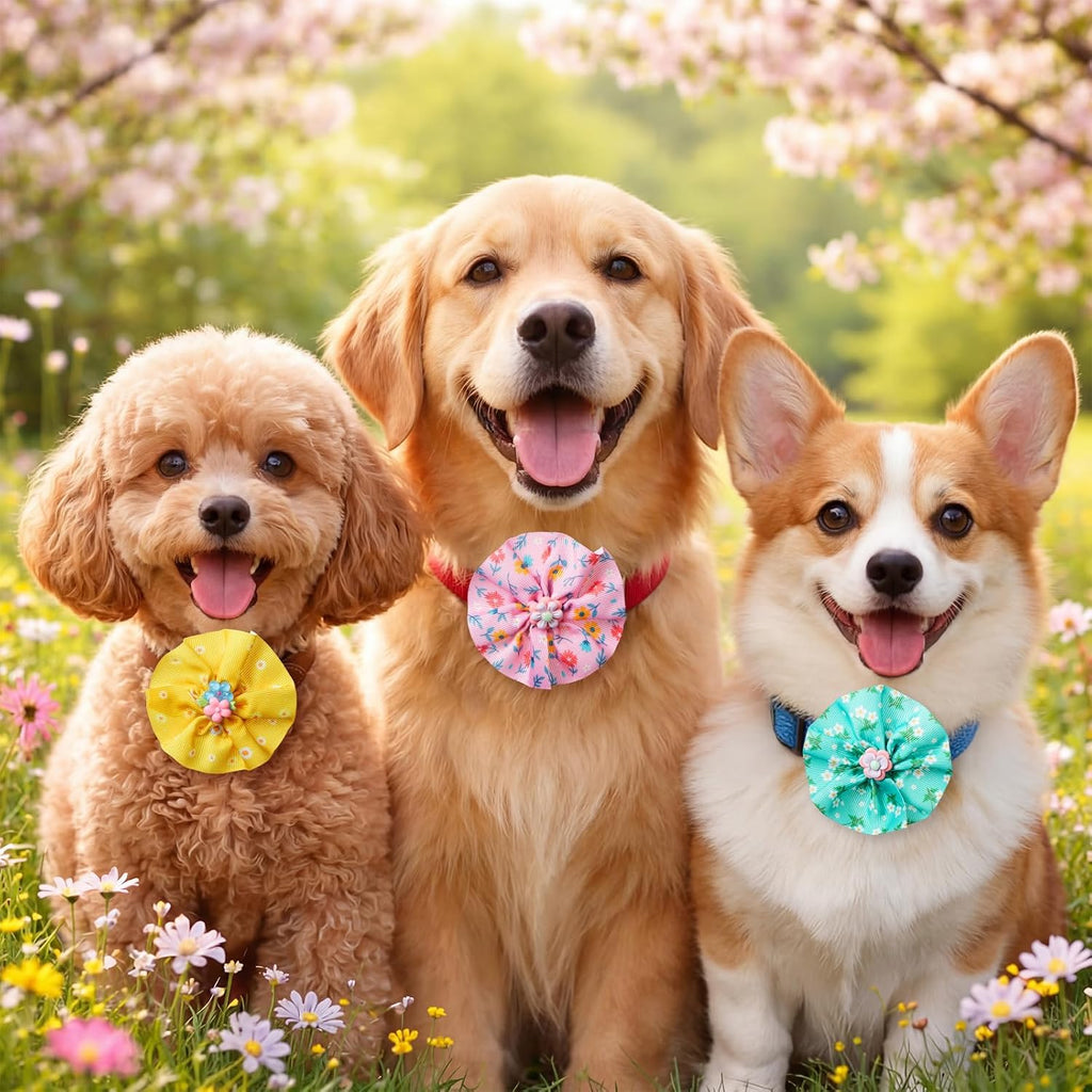 Huhumy 50 Pcs Flower Floral Dog Collar Bow Ties Bulk for Spring Summer Charm Attachment Collar with Daisy Triangle Pet Scarf Bowtie for Small Medium Large Cats Costume Grooming