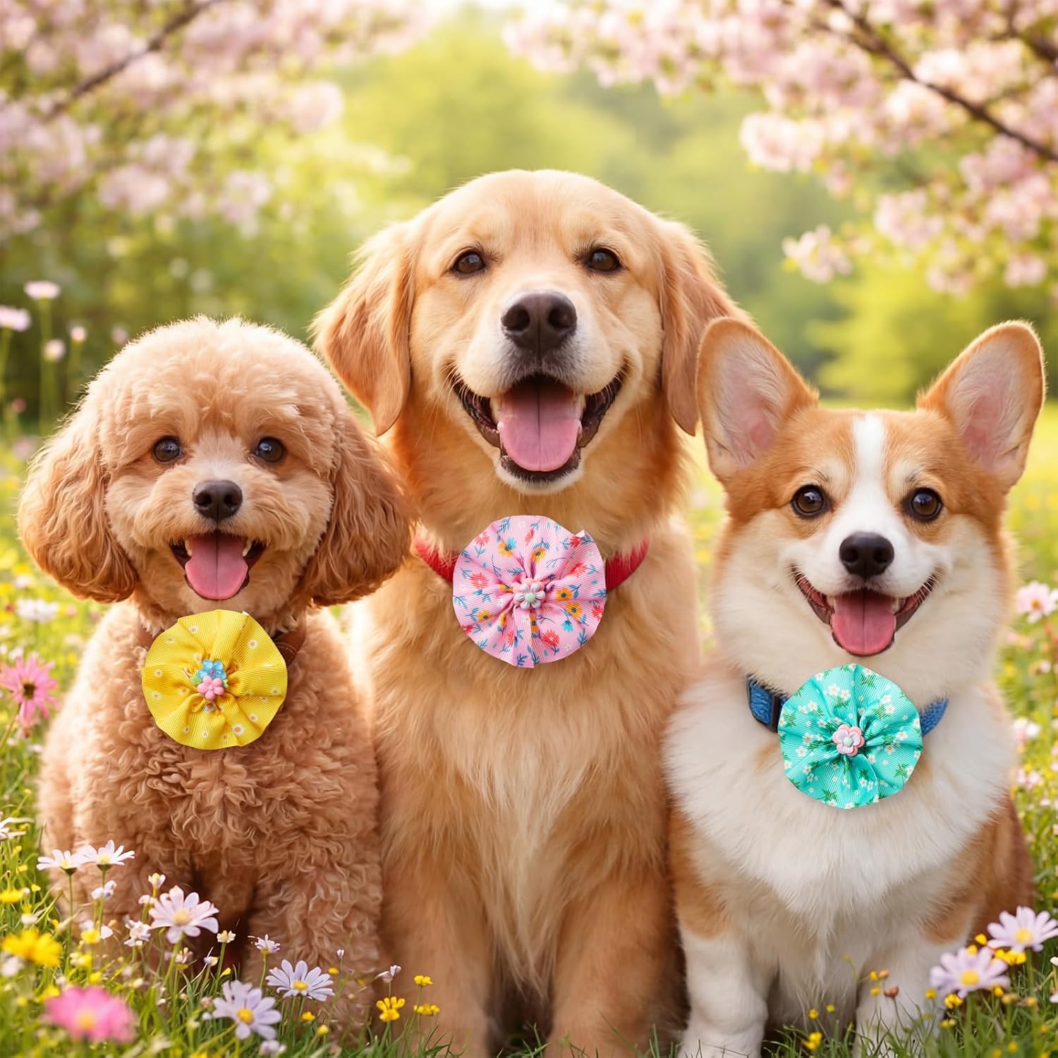 Huhumy 50 Pcs Flower Floral Dog Collar Bow Ties Bulk for Spring Summer Charm Attachment Collar with Daisy Triangle Pet Scarf Bowtie for Small Medium Large Cats Costume Grooming