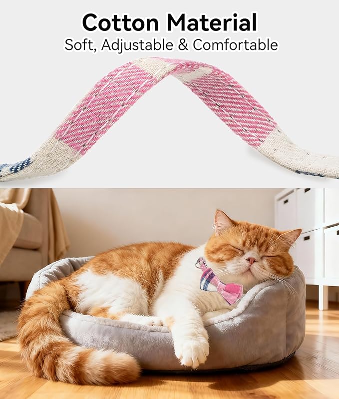 Joytale Upgraded Cat Collar with Bells, Breakaway Cat Collars with Bow Tie, 1 Pack Girl Boy Safety Plaid Kitten Collars, Pink