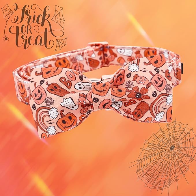 Halloween Dog Collar, Pet Collar Dog Bow Pumpkin Girl Boy Holiday Pet Collar Gift Cute Soft Puppy Collar for Large Dogs