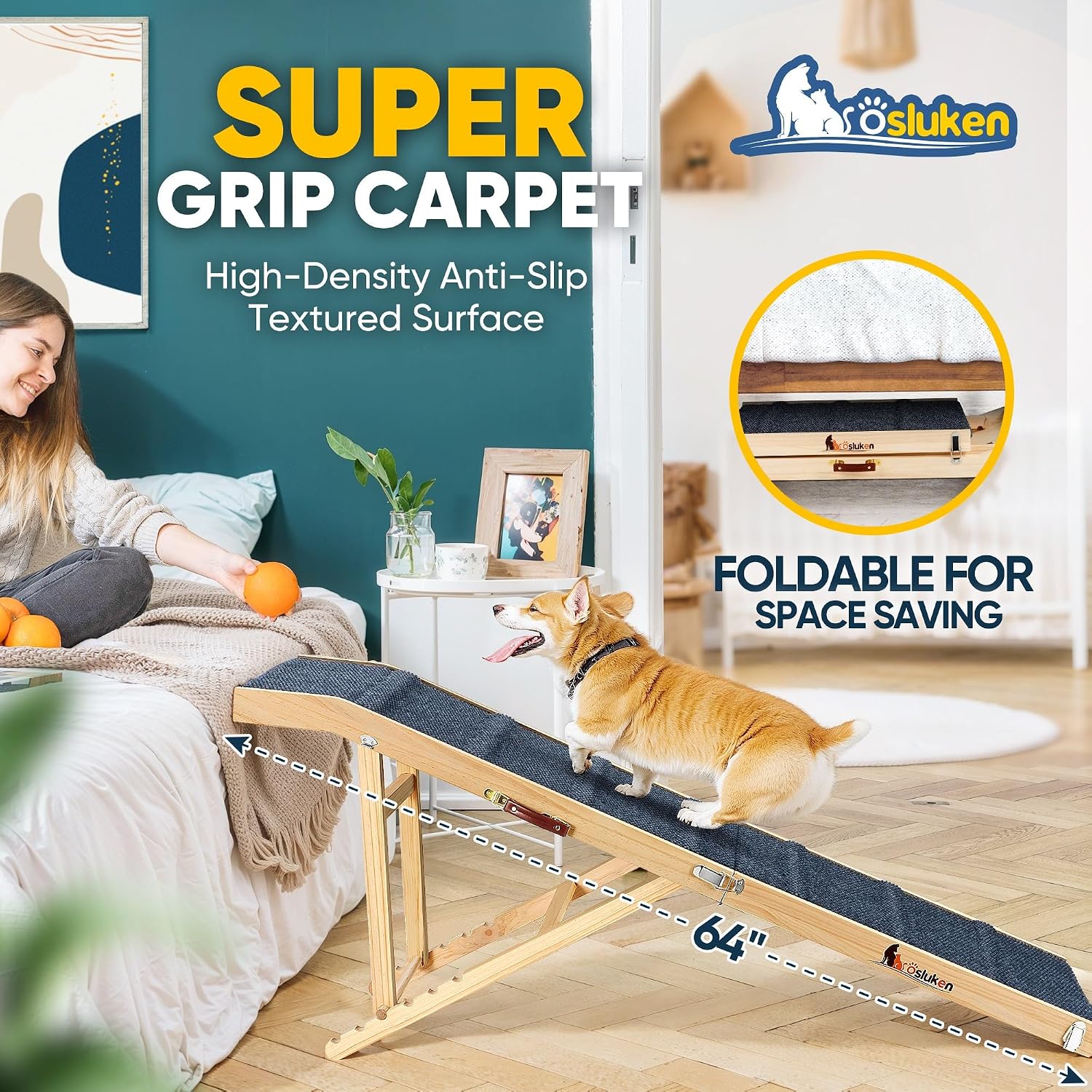 Dog Ramp for Bed, L64 W17 Foldable Pet Ramp for Small Large Dogs Cats, Dog Ramps for High Beds Car, High Traction with Platform 6 Adjustable Heights 24" to 30" Up to 220LBS, Wood