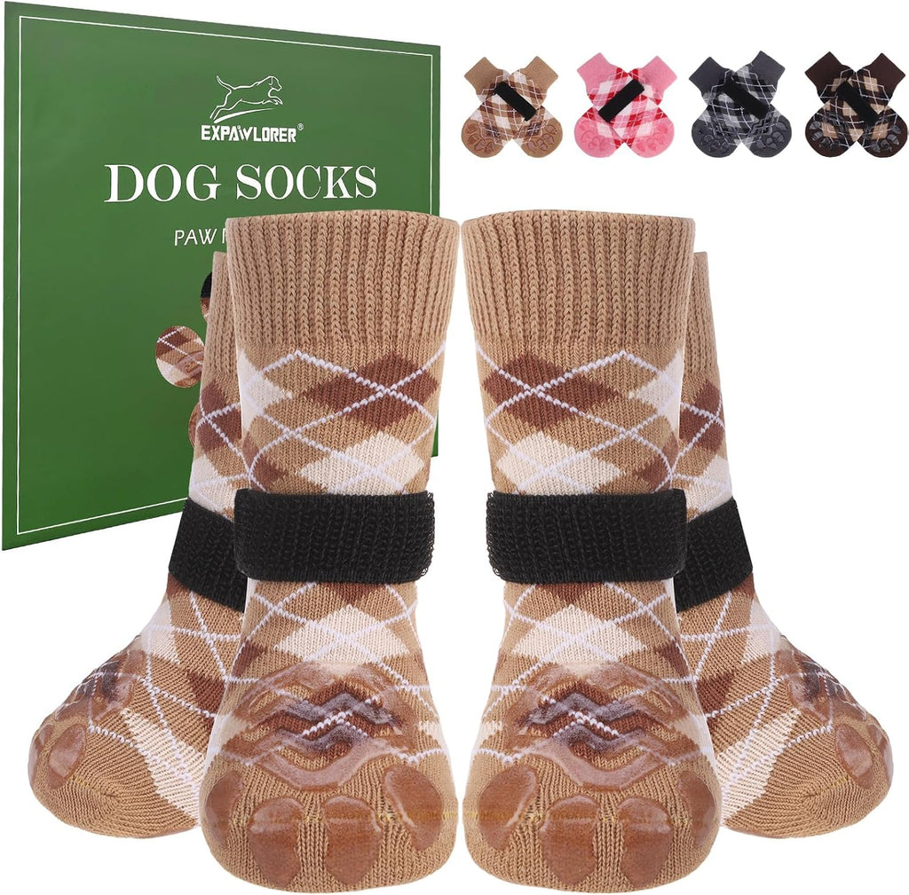 Dog Socks to Prevent Licking Paws,Anti Slip Dog Shoes for Hot Pavement,Dog Booties for Hardwood Floors,Dogs Boots & Paw Protectors for Small Medium Large Senior Dogs,British Style,Khaki M