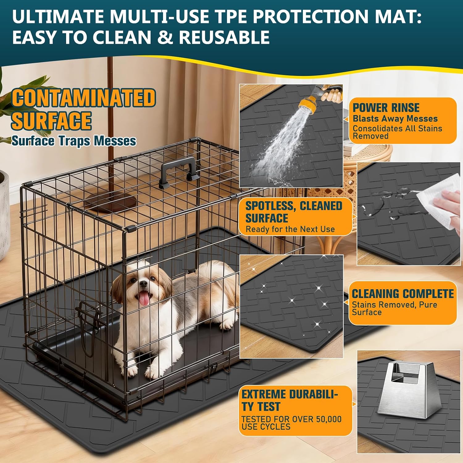 60"×37" Extra Large Mat for Under Dog Crate with Raised Edge, Waterproof Leakproof Easy Clean Non Slip Floor Protector, Reusable Washable Kennel Mat for Large Dogs