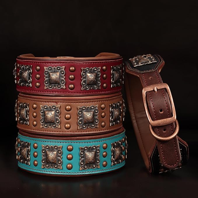 PET ARTIST Soft Padded Leather Dog Collar, 2 inch Wide Genuine Leather Dog Collars with Stylish Studded Rivet & Metal Buckle, Luxury & Adjustable Pet Collars for Medium Dogs,Brown,Neck 16-19"
