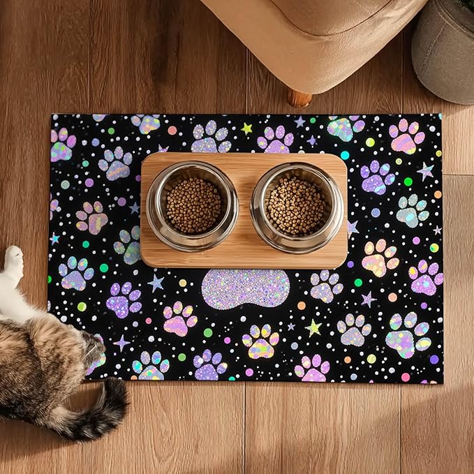 Pet Feedings Mats 20x12 inch Glitter Paw Print Pet Bowl Placemat Non Slip Mat for Cats and Dog Food and Water Indoor Feeding Station Cute Pet Meal Mat for Small Pets Kitchen Floor Use