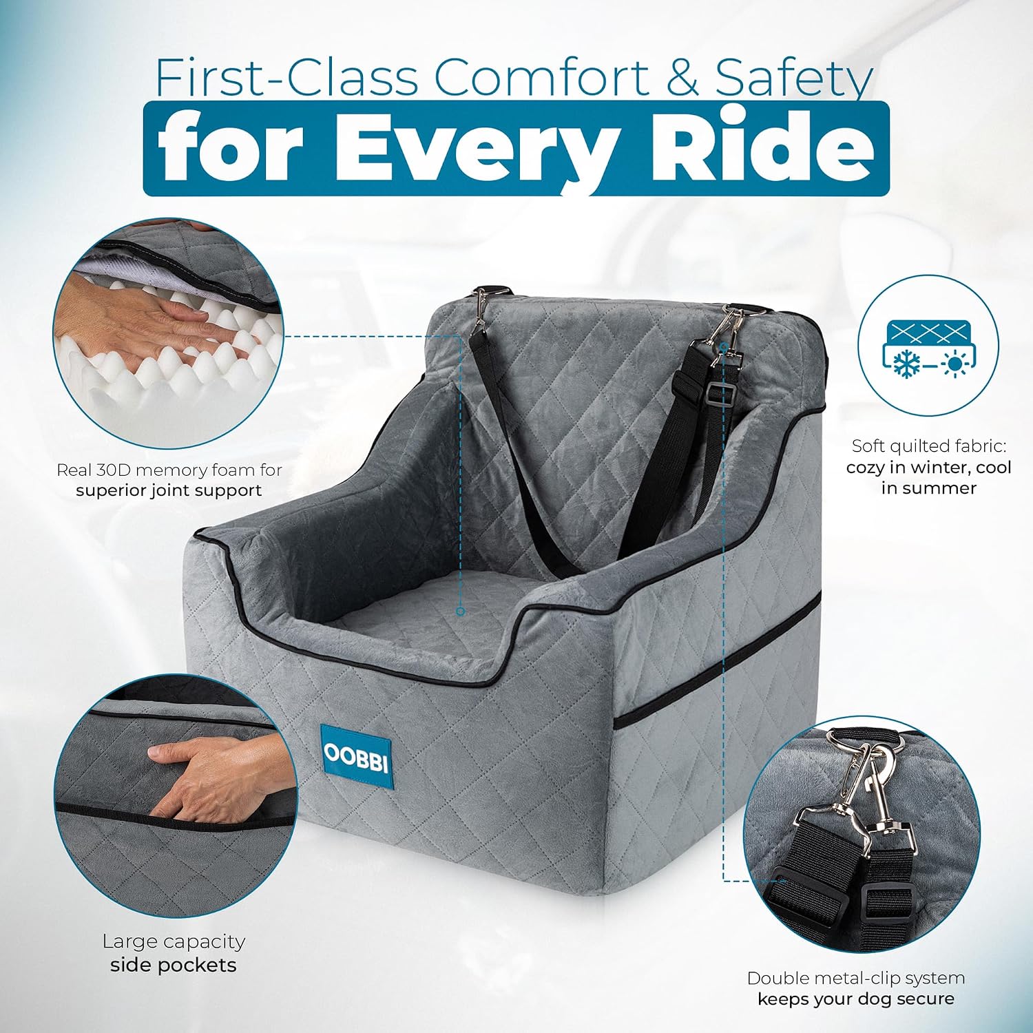 Small Dog Car Seat with Premium Memory Foam & Safety Straps – Cozy Dog Bed for Car for Daily Travel & Road Trips for Medium Sized Dogs - Washable Design with Anti-Slip Base