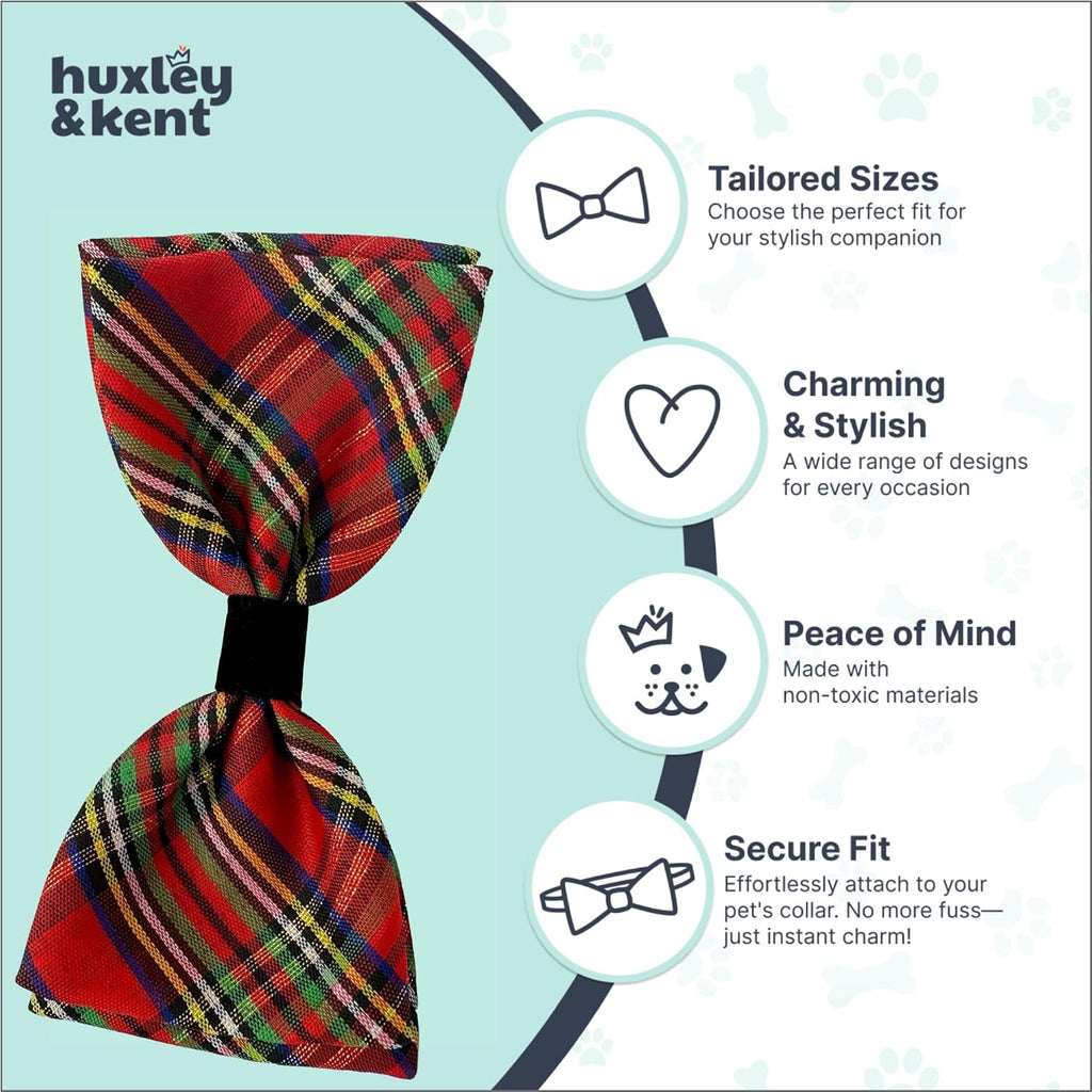 Huxley & Kent Pet Bow Tie for Dogs & Cats - Holiday Adjustable Hook & Loop Collar Accessory - Cute & Comfortable for Holidays & Celebrations - Christmas Plaid, Large | Hook & Loop Attaches to Any Collar, Soft Polyester, Lightweight & Machine Washable