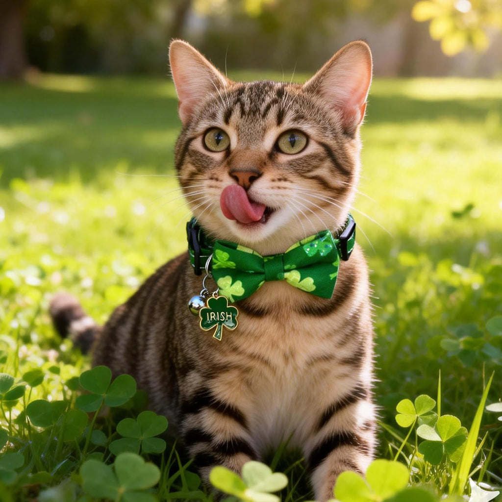 2 Pack Shamrocks Cat Collar Breakaway with Cute Bow Tie Bell Charm, Green Lucky Clover St Patricks Day Holiday Collars for Girl Boy Cats Kittens with Adjustable Safety Buckle
