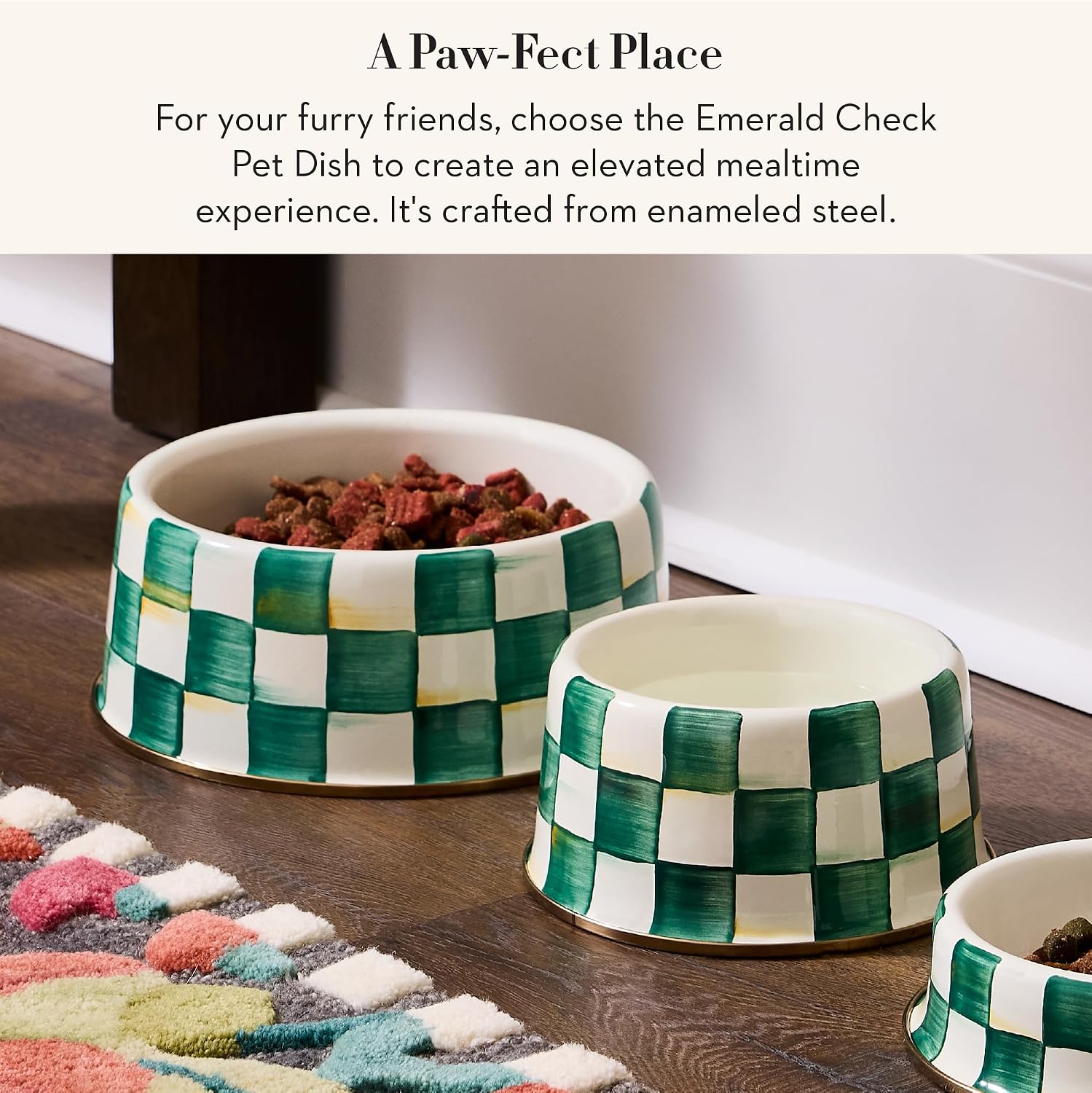 MACKENZIE-CHILDS Enamel Pet Dish, Large, Green-and-White Emerald Check | Hand-painted design, made from enameled steel, decorative cat and dog bowl for food and water, 40-ounce capacity