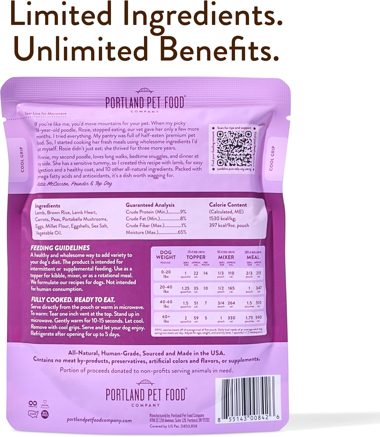 Portland Pet Food Company Fresh, Human Grade Dog Food Topper & Meal 8 Pack | Shelf-Stable 9 oz Pouch, Lamb & Rice Limited-Ingredient, Healthy Wet Dog Food & Meal Mix In, All Life Stages, USA Sourced
