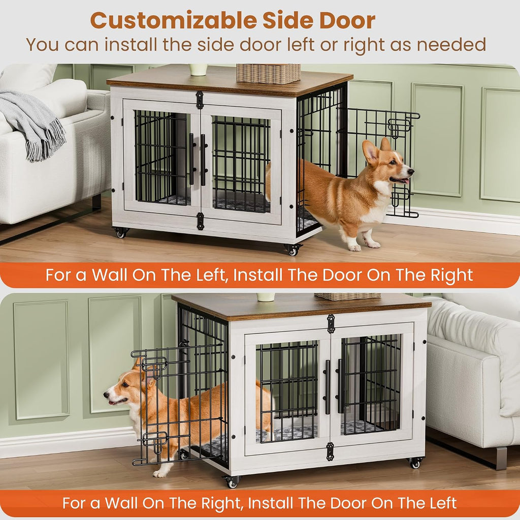 Medium Dog Crate Furniture, 32'' Heavy Duty Kennel w/Cushion & Wheels | White, Double Doors, Wooden Dog Cage, Chew-Resistant, End Table, Decorative, 27"/32"/38"/44" Options, Indoor
