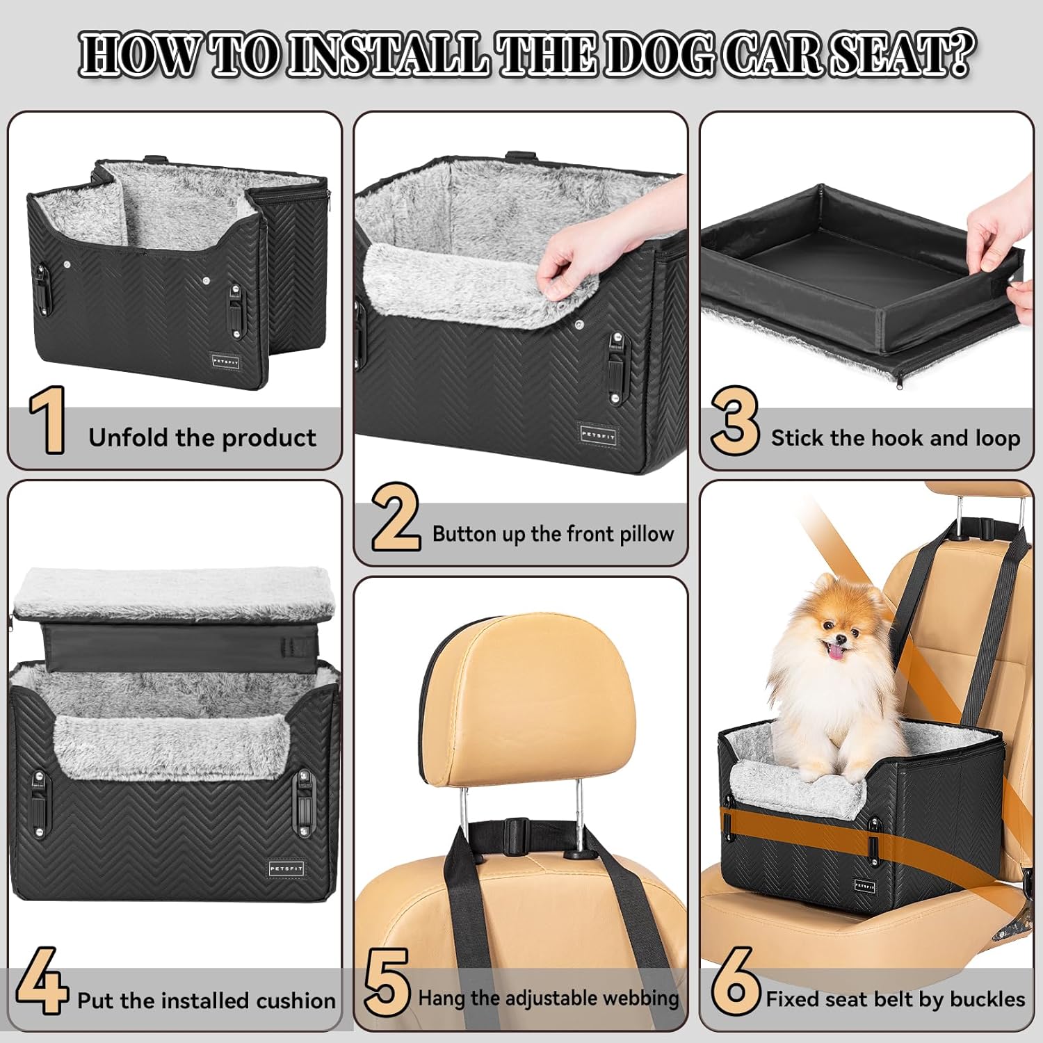PETSFIT Small Dog Car Seat, Waterproof PU Leather Dog Carseat with Patent Safe Buckles, Clip-On Leash, Car Seat for Dogs, Cats Up to 25 lbs (Glossy Black)
