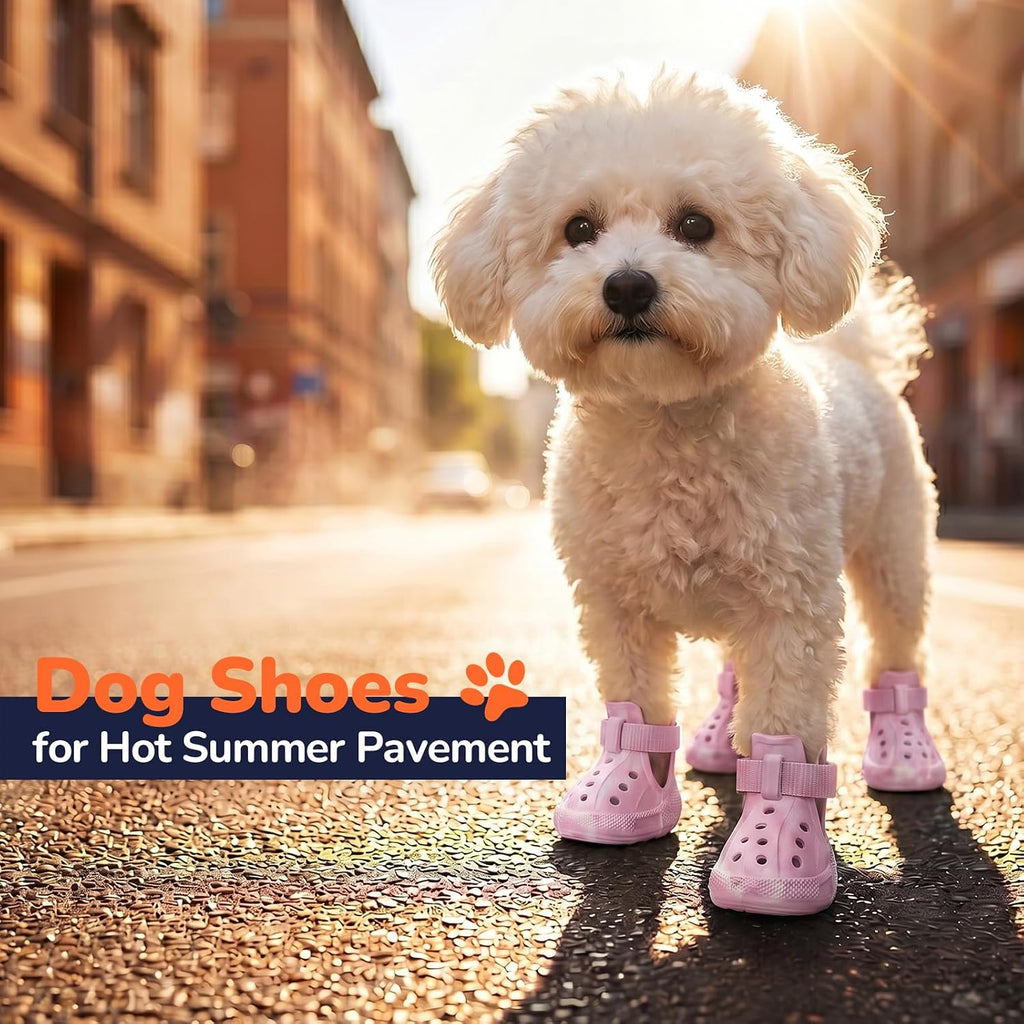 Dog Shoes for Hot Pavement, 4 Pack EVA Glow Dog Boots, Pink, Size 8 | Glow-in-the-dark EVA dog clogs, Breathable Vented, Lightweight Comfort, Non-slip Sole, Summer Walks, Medium & Large Dogs