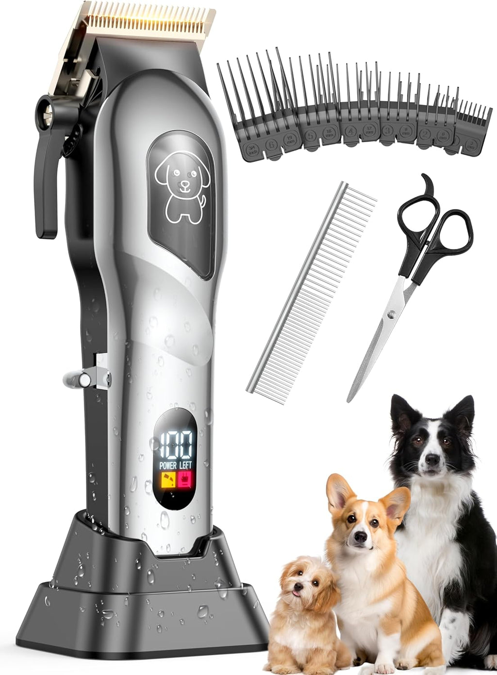 Dog Clippers for Grooming, Dog Grooming Kit for Heavy Thick Hair, Low Noise Cordless Pet Hair Trimmer with Stainless Steel Blade, Professional Rechargeable Hair Trimmer for Dogs and Cats Sliver
