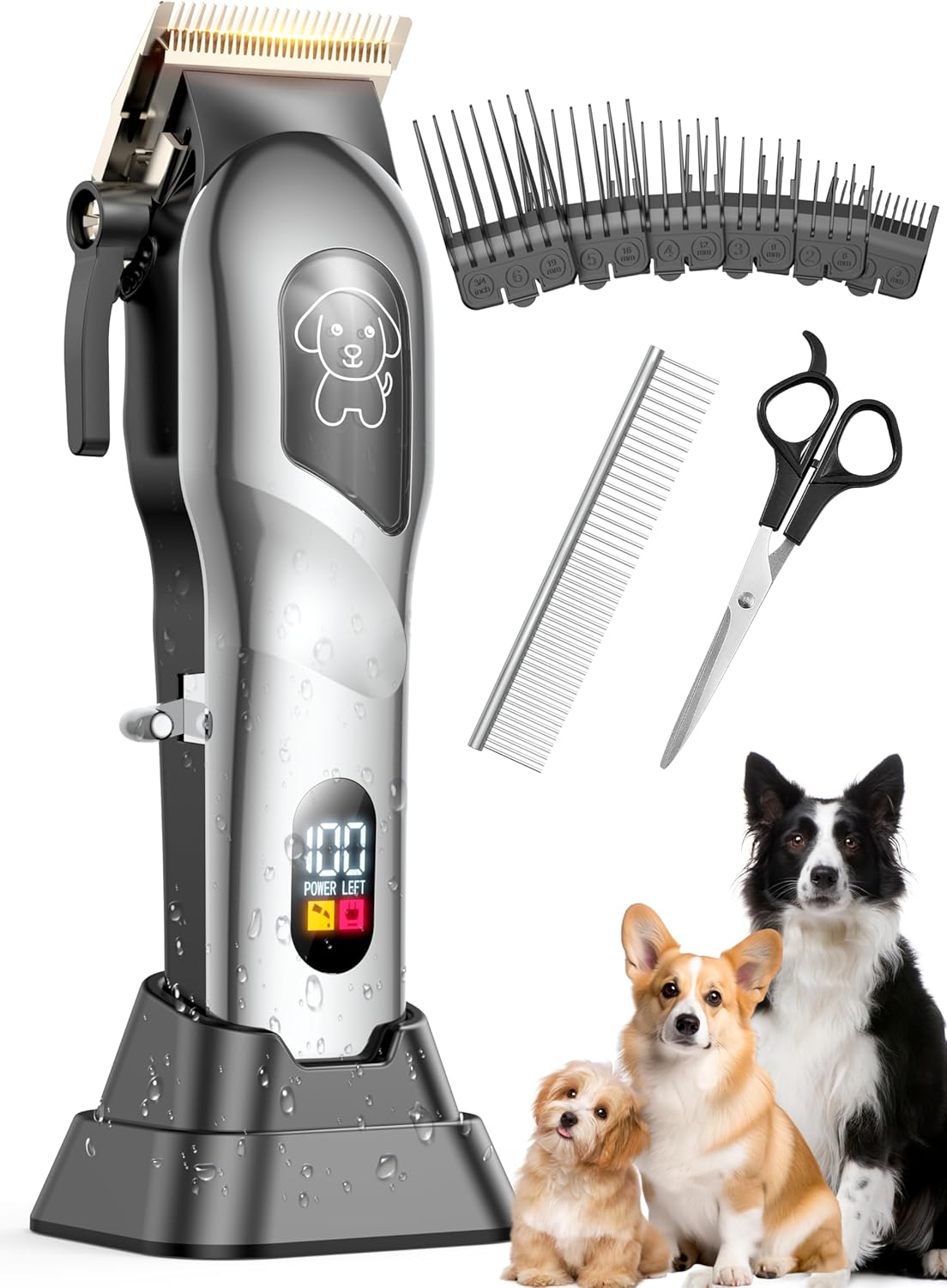Dog Clippers for Grooming, Dog Grooming Kit for Heavy Thick Hair, Low Noise Cordless Pet Hair Trimmer with Stainless Steel Blade, Professional Rechargeable Hair Trimmer for Dogs and Cats Sliver