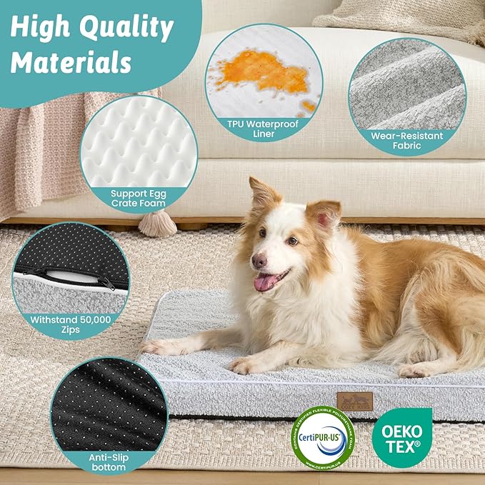 Dog Bed for Extra Large Dogs, Rectangular XL Orthopedic Dog Beds, Foam Anti-Slip Bottom Pet Mat with Washable Removable Cover, Suitable for Pet Up to 100 lbs, 44x32x3 inch, Grey