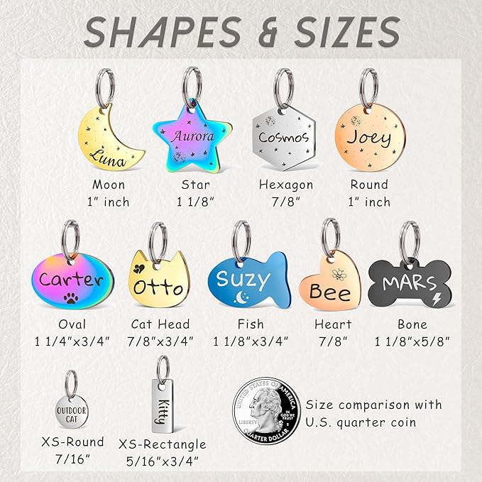 Anavia Small Size Dog Cat ID Tags, Small/XS Personalized Color Plated Stainless Steel Puppy Kitten Name Tags, Customized Engraved Nameplate Pet Collar Tag (Silver, Fish)