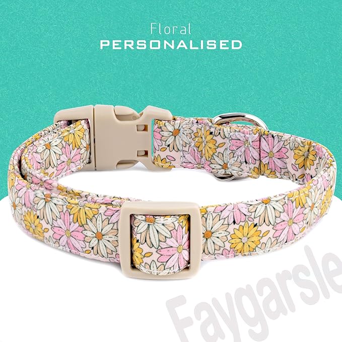 Faygarsle Floral Girl Dog Collar, Cotton Fabric with Daisies Pattern, Pink and Yellow Summer Spring Design for Small Medium Large Dogs XS