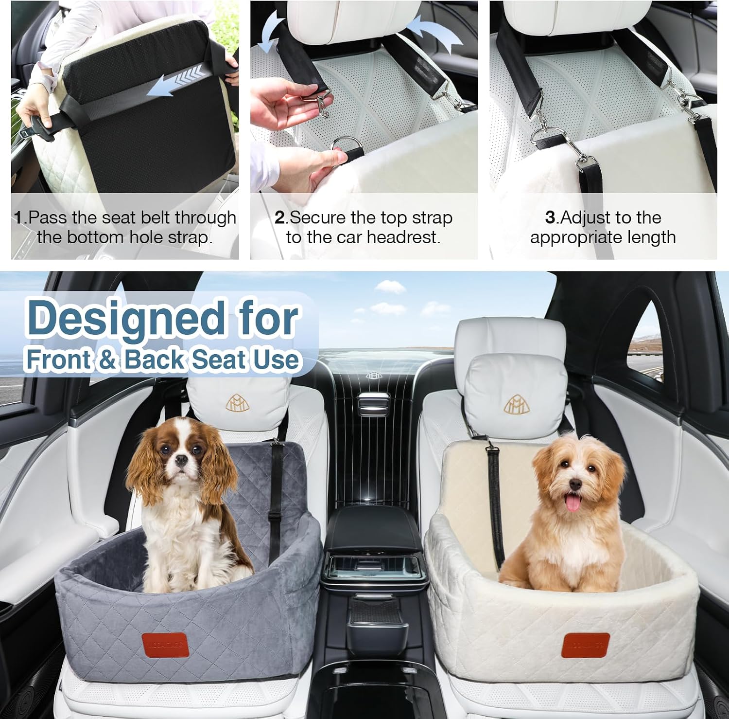 WOOAIDAGG Dog Car Seat for Under 30lbs Dogs,Comfy Febric Fill in Memory Foam,Washable and Detachable Pet Travel Car Bed,Anti-Slip Bottom,2 Safety Leashes & Storage Pockets(Beige)
