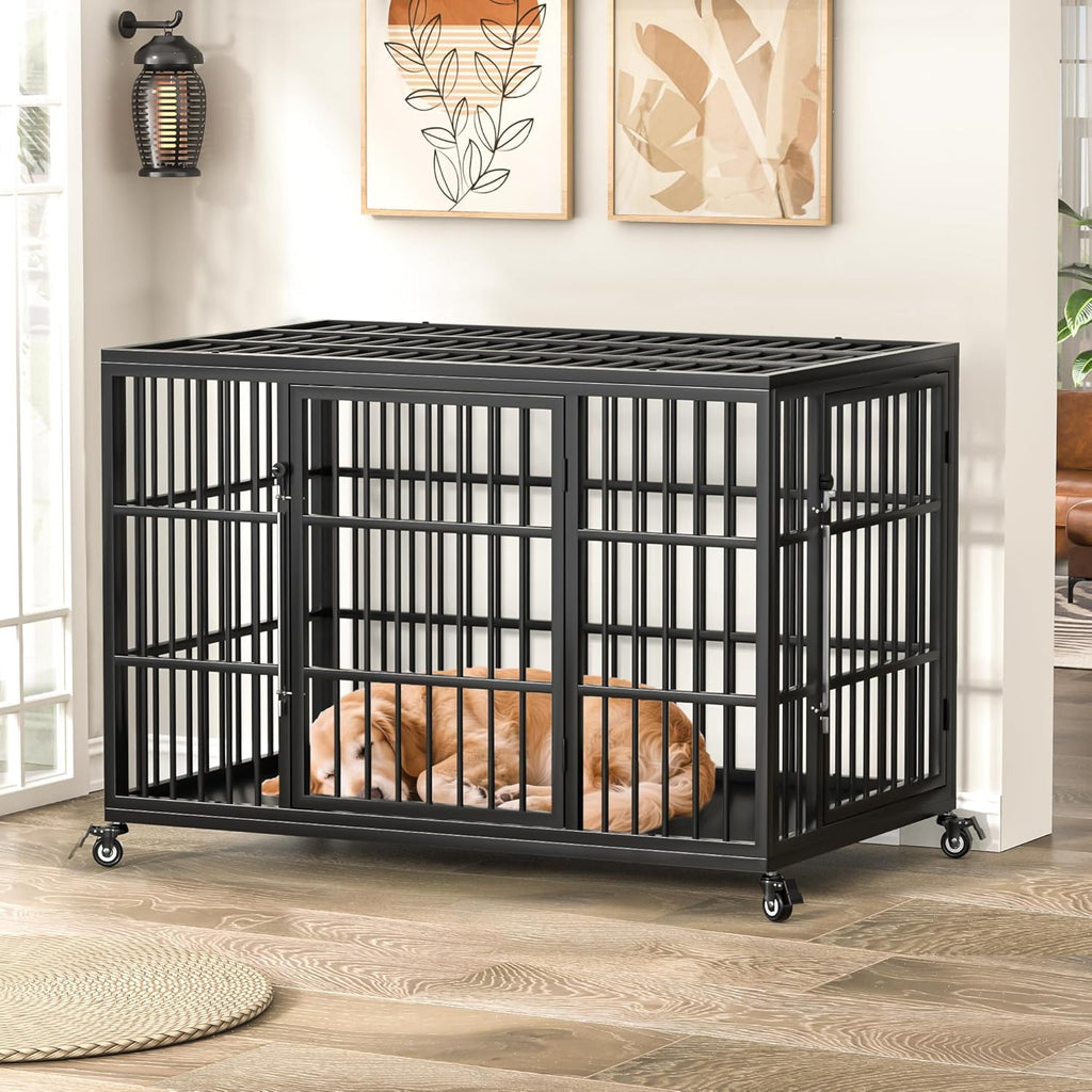 VERIFURTY 48 Inch Heavy Duty Dog Crate for Large Dogs with Self-Locking Latch, Escape-Proof Steel Kennel Indoor, XL Large Double Door Metal Pet Cage with Wheels