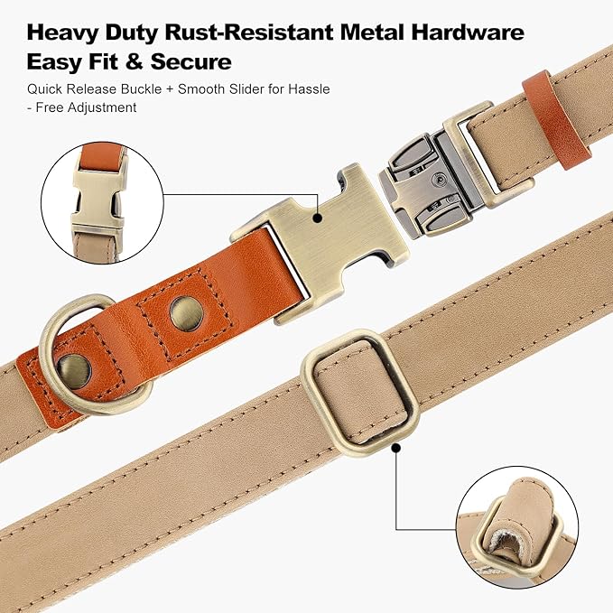 Plutus Pet Genuine Leather & Hemp Dog Collar – Adjustable Heavy Duty Pet Collar with Quick Release Metal Buckle, Soft & Stylish for Puppy and Small, Medium, Large Dogs (Beige, S)
