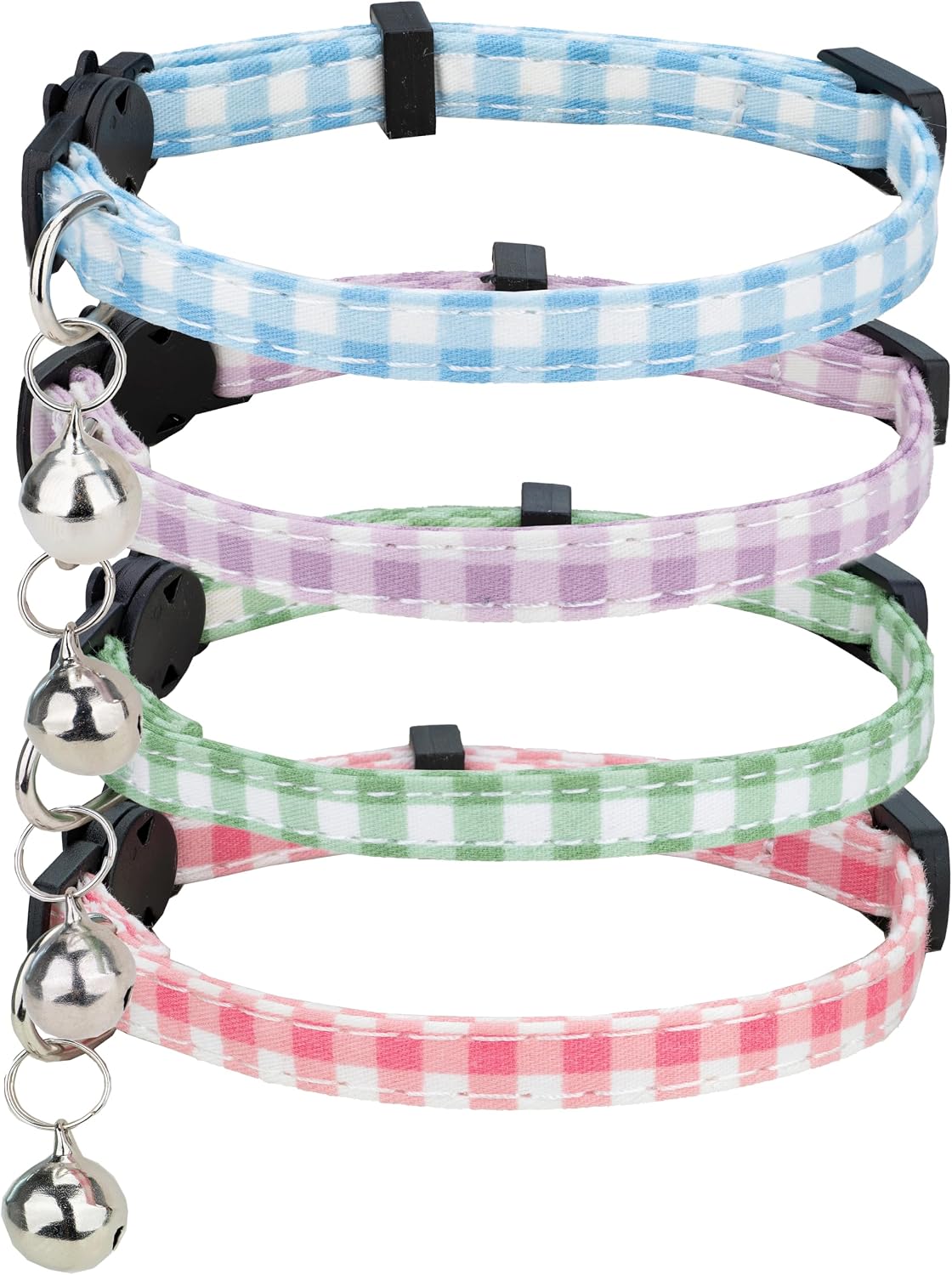 Cat Collar 4pcs Set Safety Breakaway with Bell Kitten 7-11" Multi Pack Cute Girl Boy Pet Basic Adjustable [4pcs] Plaid