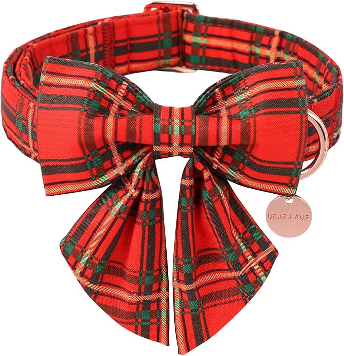 Christmas Dog Collar with Bow Tie, Cotton Christmas Plaid Collar for Medium Girl Boy Dog,Red &Green Plaid Dog Collar Bowtie with Durable Metal Buckle,Adorable Pet Collar,L,Neck 16-24in