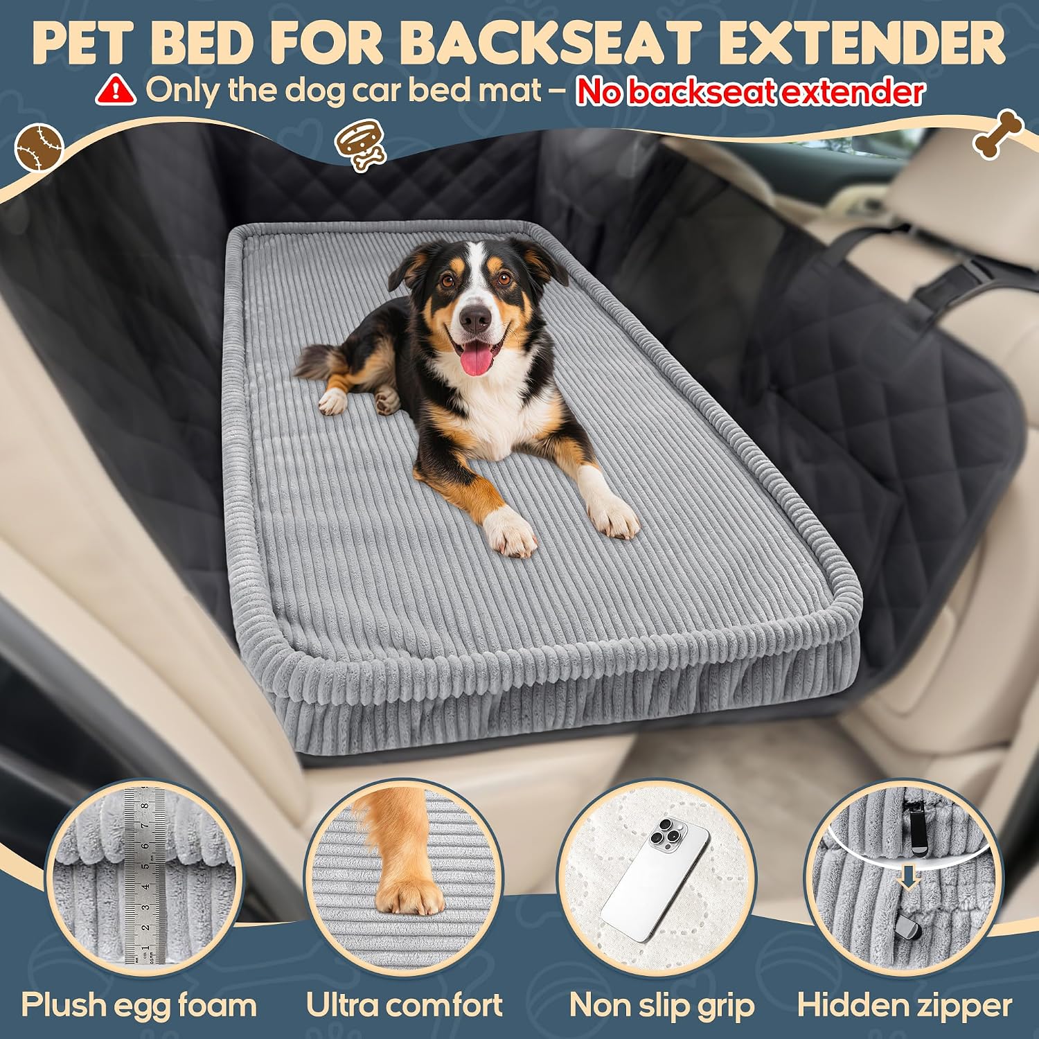 Loiion Dog Car Bed, Non-Slip Backseat Extender Pet Mat 56"x28.7"x2" | Removable, Washable Dog Bed With Waterproof Liner Protects Car Seats, Anti-Slip Travel Bed For Dogs