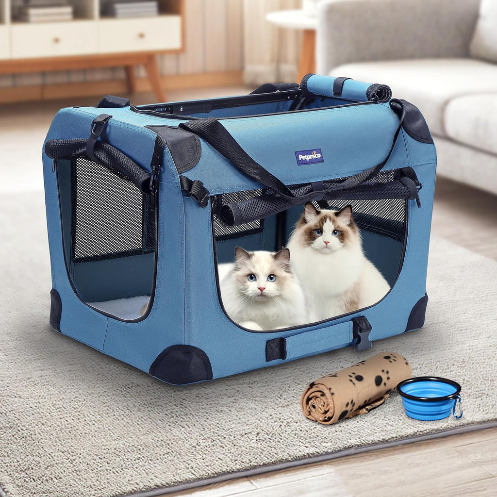 Petprsco Portable Collapsible Dog Crate, 24" Soft Dog Crate for Car Travel | Includes Mat, Blanket & Bowl, Strong Fabric, 4-sided Mesh Vents, 3 Doors, Fit Small Dogs & Large Cats Indoor and Outdoor Use