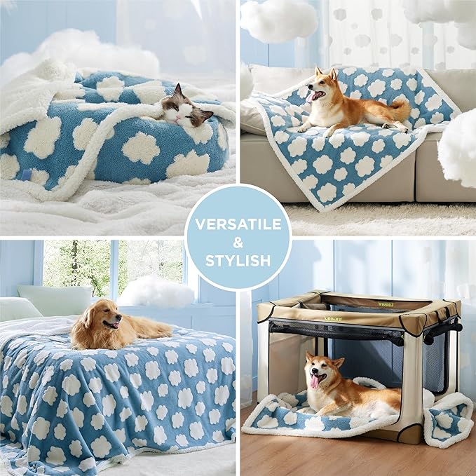 LE SURE Waterproof Dog Blanket for Large Dogs - Washable Double Sided Dog Blankets with Warm Jacquard Shag and Soft Sherpa Fleece, Pet Cat Blanket for Bed Couch Protection, 3D Textured Cloud, Blue