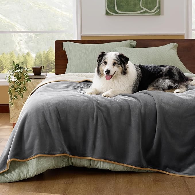 Bedsure Waterproof Blanket for Bed - Sherpa Fleece Waterproof Dog Blankets for Large Dogs, Pet Blankets for Bed/Couch/Dog Crate, Soft Plush Reversible Furniture Protector, Twin-XL, 66"x90", Grey