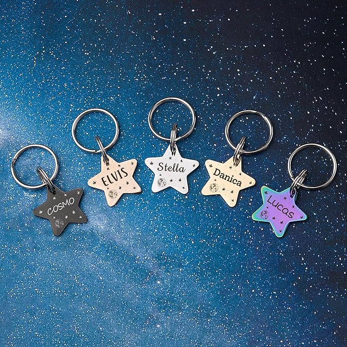 Anavia Small Size Dog Cat ID Tags, Small/XS Personalized Color Plated Stainless Steel Puppy Kitten Name Tags, Customized Engraved Nameplate Pet Collar Tag (Rainbow, Star)