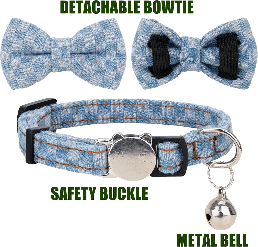 Cat Collar Breakaway Bowtie Safety with Bell Adjustbale Kitten Puppy Solid Plaid Color Set O-[2pcs] Denim
