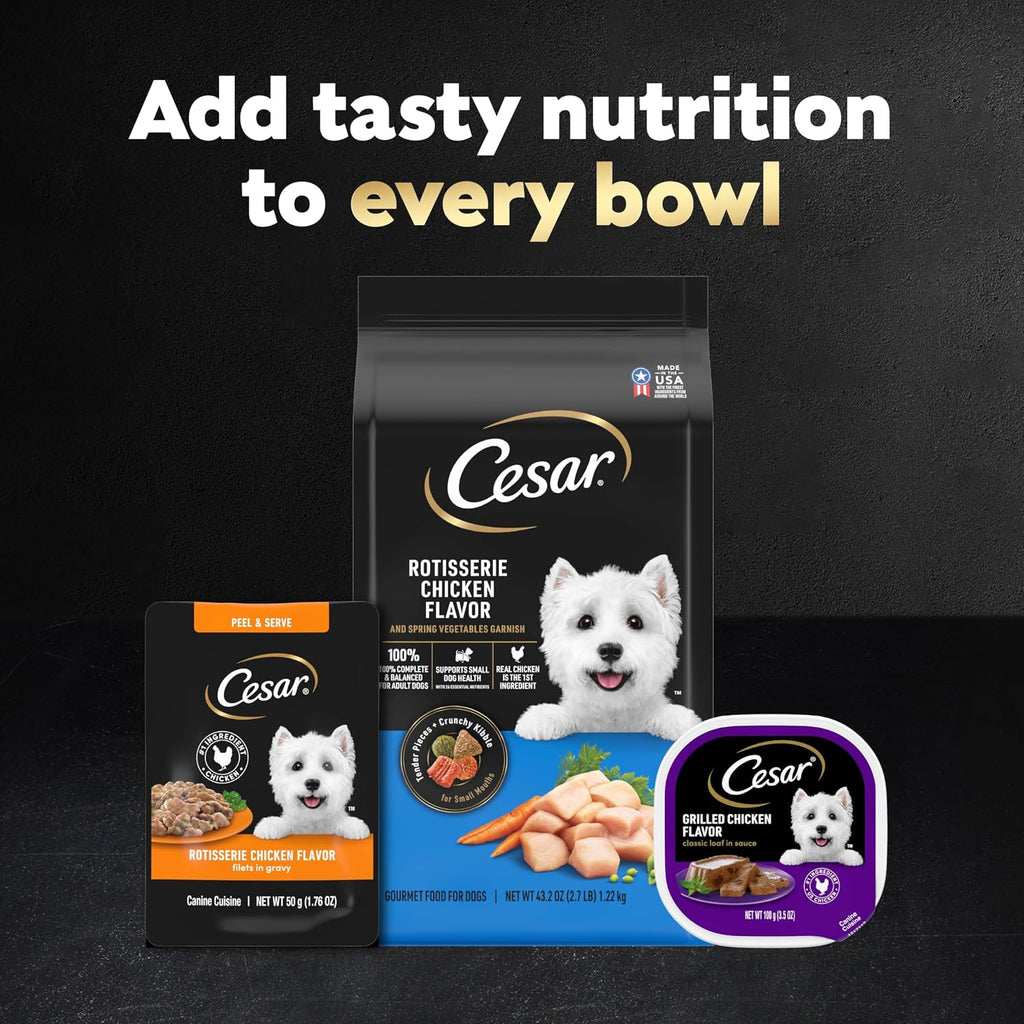 Cesar Mini-Pouch Wet Dog Food, Filet Variety Pack, 1.76 oz, 40 Count | 3 flavors: Rotisserie Chicken, Filet Mignon, Wood-Grilled Chicken, real chicken or beef, easy peel-and-serve, protein-packed