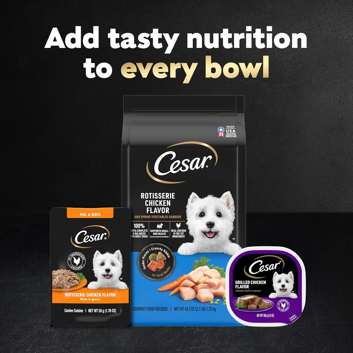 Cesar Mini-Pouch Wet Dog Food, Filet Variety Pack, 1.76 oz, 40 Count | 3 flavors: Rotisserie Chicken, Filet Mignon, Wood-Grilled Chicken, real chicken or beef, easy peel-and-serve, protein-packed