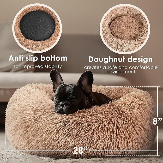 28in Large Dog Bed, Medium Size Dog and Cats, Calming Donut Bed for Puppy and Kitten, Washable Round Fluffy Pet Bed (Camel)
