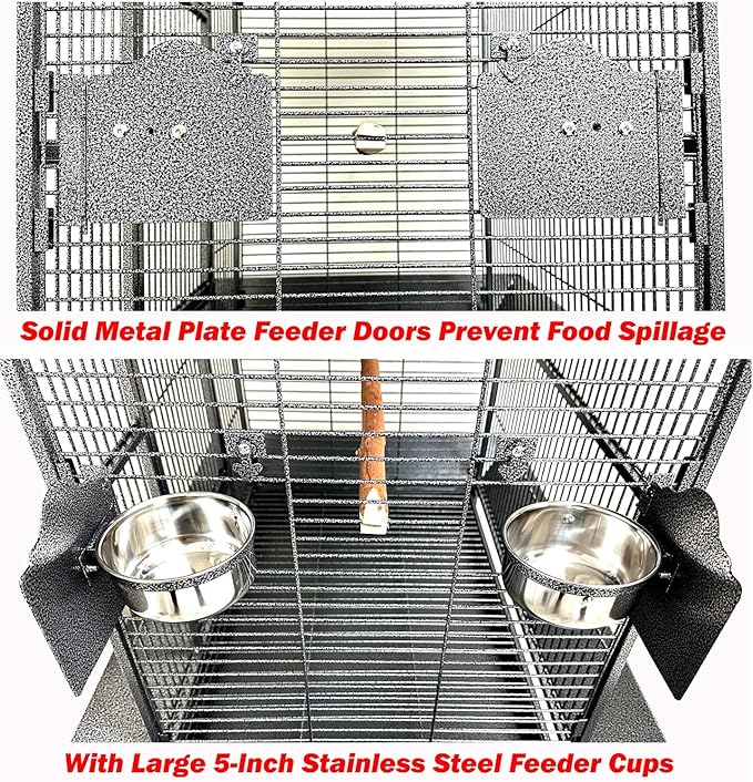 Extra Large Elegant and Durable Wrought Iron Climbing Ladder Perch Stand Play Top Ground Bird Parrot Metal Cage Around Seed Guard Storage Shelf with Heavy Duty Lockable Rolling Wheels