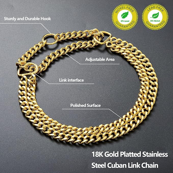 Gold Dog Collar Chain Stainless Steel 19K Gold Dog Collar Adjustable Walking, Metal Cuban Link Dog Collar Chew Proof Double Row Chain Dog Collar for Large Small Medium Dogs