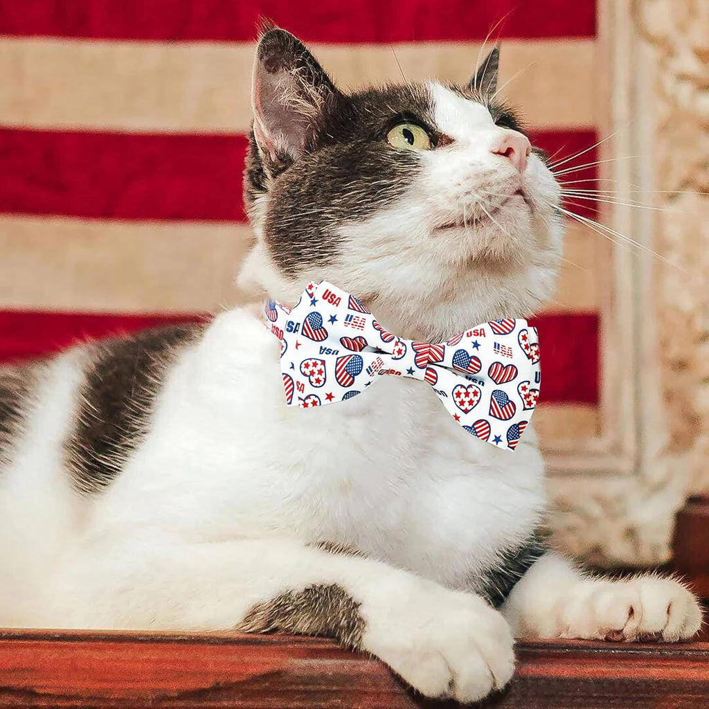 4th of July Cat Collar with Bow Tie, Indepedence Holiday USA Heart Collar for Boys and Girls Kitties and Kittens